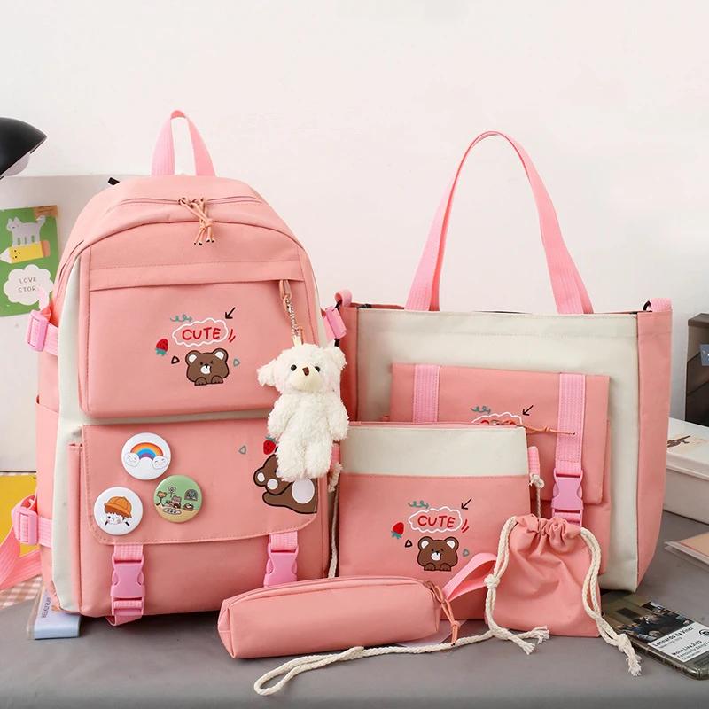 5 Stück/Set Niedliche Schultaschen für Mädchen Rucksack Kinder Doppelschultertasche Oxford-Stoff Handtasche Münzbörse Federmäppchen Umhängetasche
