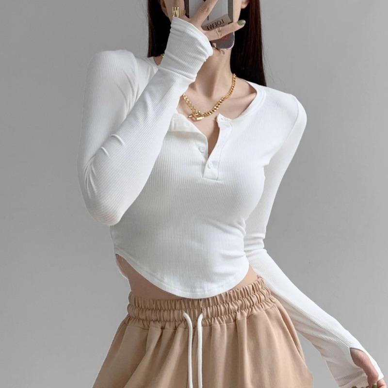 Women's Blouse Long-sleeved T-shirt Spring and Autumn Half-open Collar Solid Colour Bottoming Shirt Slim Spice Girls Short Tops