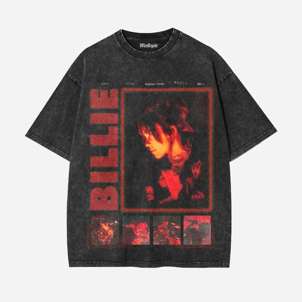 BILLIE EILISH Americké Trendy Vintage Prané Grafický Potisk Trička Pánské Dámské Vrcholy Oversized Bavlna Krátký Rukáv Oversized Trička