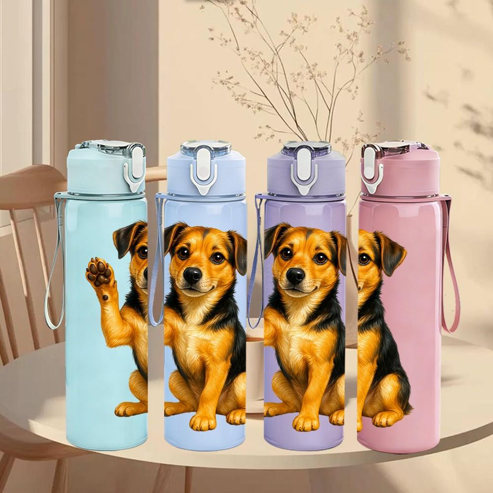 1PC Happy Puppy Cartoon Portrait Print 750ml Color Plastic Sports Water Bottle Leakproof Flip Straw Lid Suitable for Sports Office Home Use