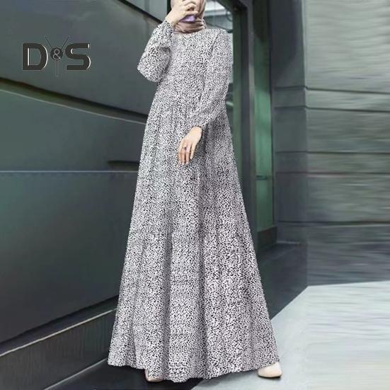 Women Maxi Dress O Neck Long Sleeve Loose A Line Big Hem Dot Print Vintage Soft Patchwork Dubai Turkey Abaya Long Robe Dress