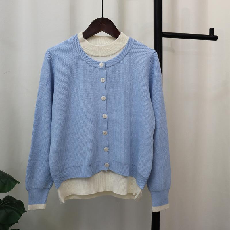 Crew Neck Fake Two-piece Knitted Cardigan Women's Autumn and Winter New Loose Contrasting Color Design Temperament Sweater Jacket