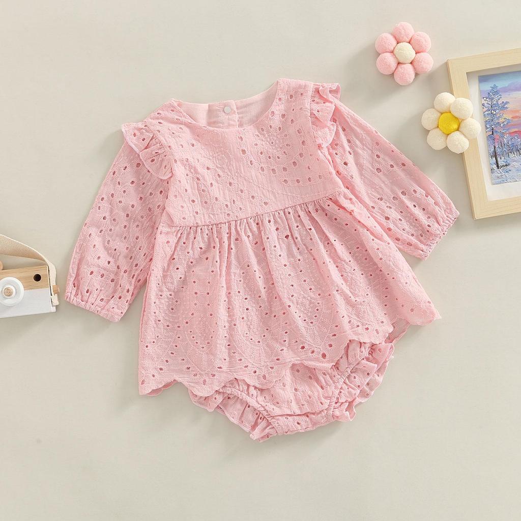 Toddler Baby Girls Clothes Set Solid Color Cutout Round Neck Long Sleeve T-shirt Tops and Elastic Casual Ruffle Shorts