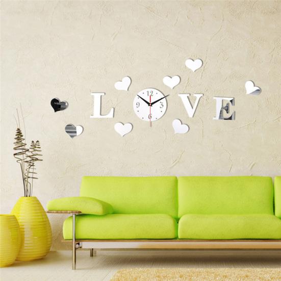 Mirror Effect 3D Clock Love Heart Wall Analog Sticker DIY Home