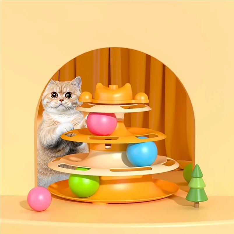 4-stufiger Katzen-Drehteller mit Feder, lustigem Spielball und Spielstab - Interaktives Spielzeug für Katzen