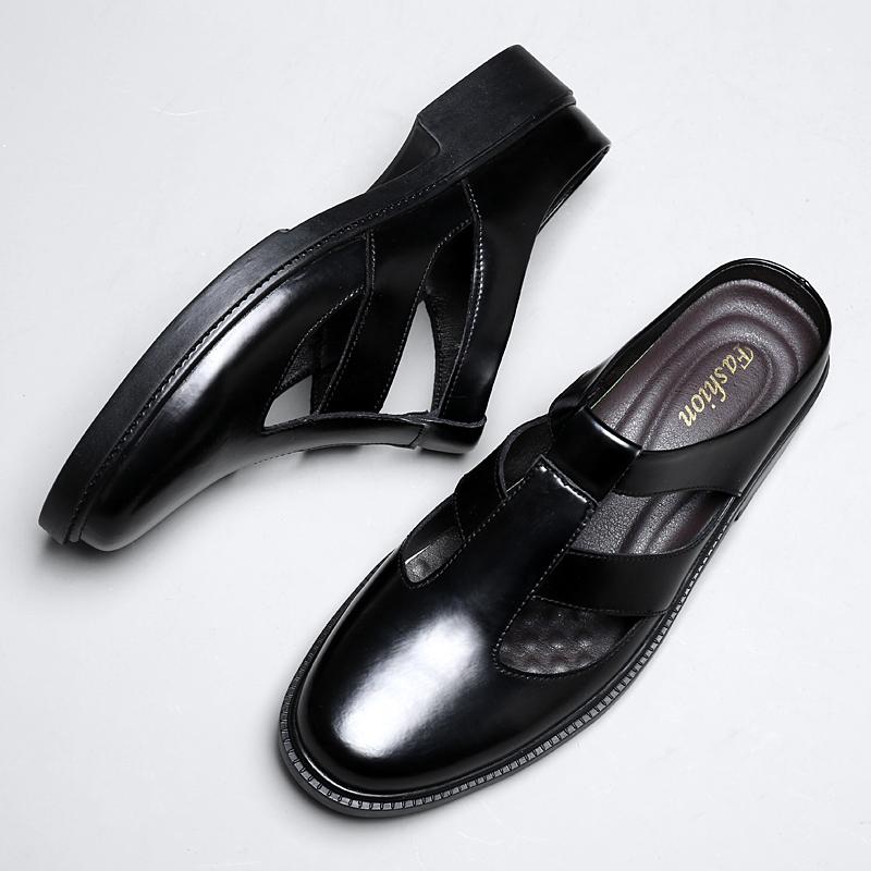 Fashion Summer Genuine Leather Half Drag Flats Men Outdoor Antiskid Designer Sandals Classic Breathable Slip-On Walking Office Sandals