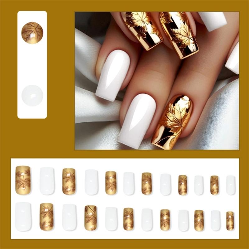 Élégant Ongle Press-On d'Automne 24 Pièces Blanc et Doré Brillant Forme Carrée Moyenne Couverture Complète avec Motif Feuilles d'Érable