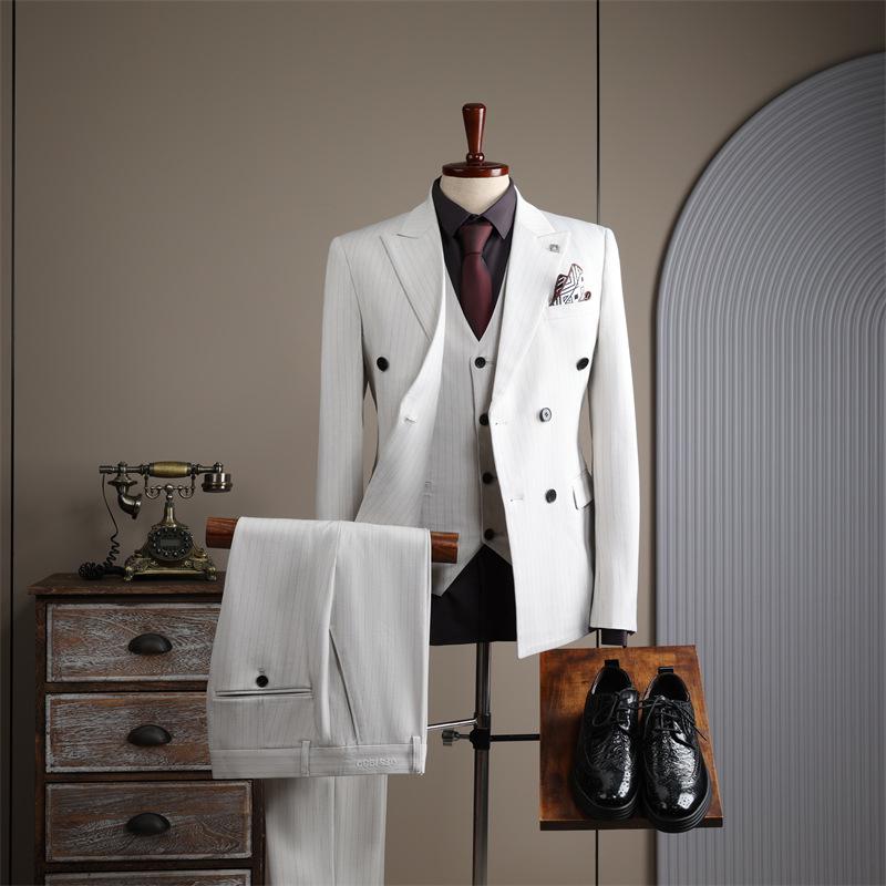 Apricot White Striped Double-Breasted Slim-Fit Suit Set for Casual, Groom, or Formal Business Attire.