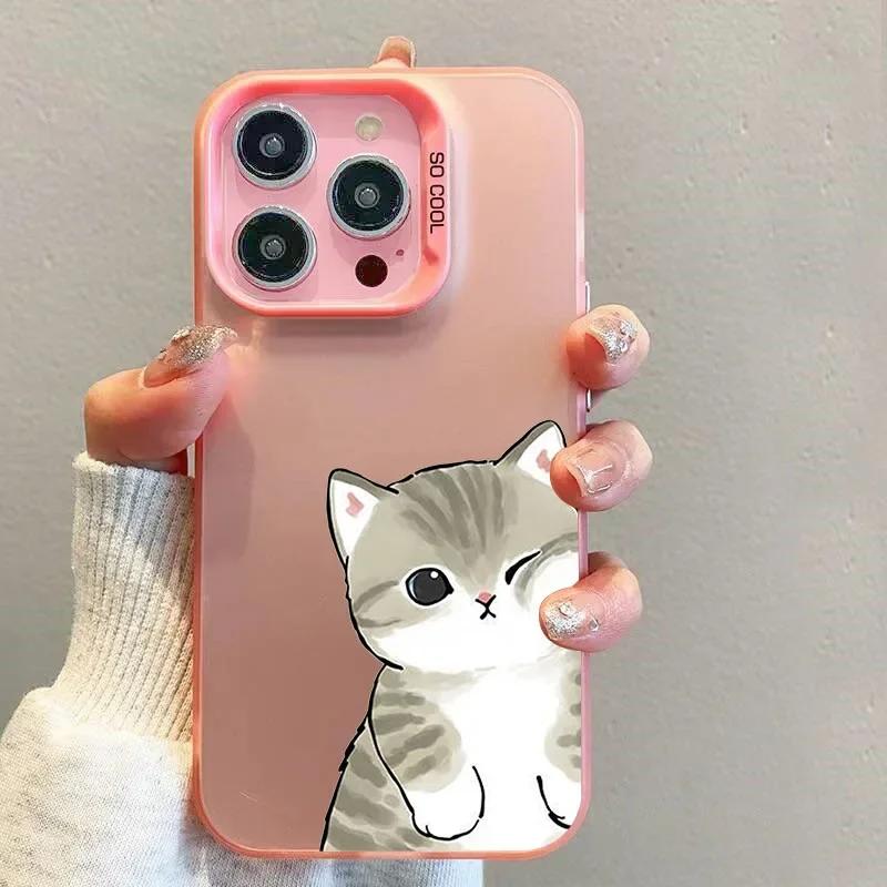 Funny Cartoon Cat Lover Couple Phone Case for IPhone 13 12 Mini 14 15 16 11 Pro Max Plus Hard Laser Cover Paired Fundas