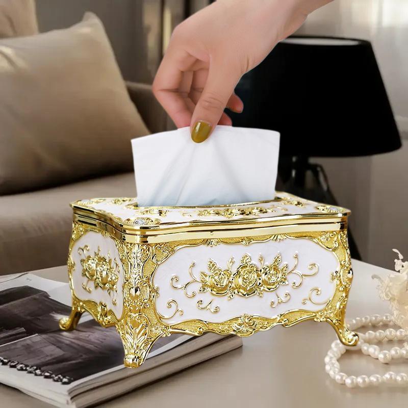 Rose Pattern Golden-plated Tissue Box American Style Paper Holder Suitable For Multiple Rooms Home Desktop Decor