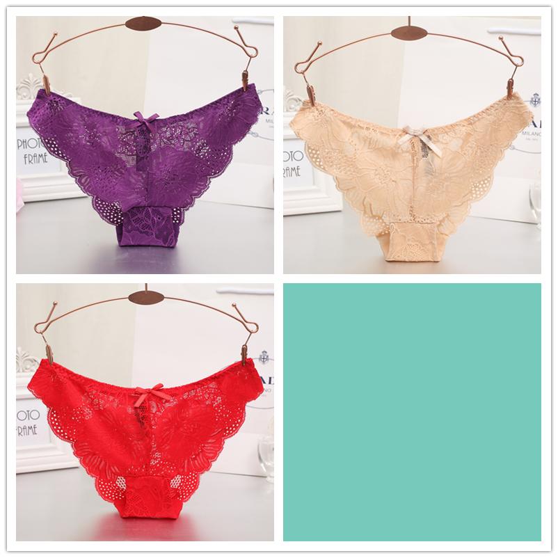 3pcs/lot Women's Sexy Hollow Lace Low Waist Triangle Panties Ruffle Edge Bow Underpants