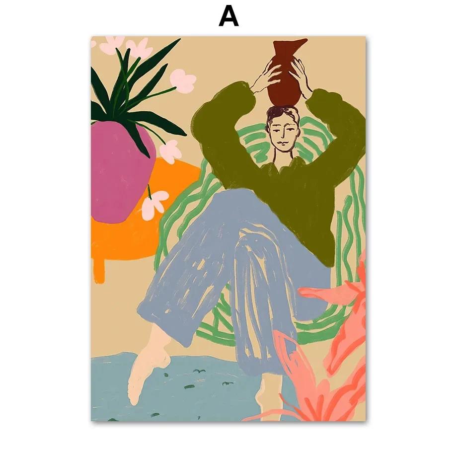 Abstract Peace Lily Calm Woman Portrait Vase On Chair Boho  Canvas PaintingPoster Wall Art Print Pictures For Living Room Decor