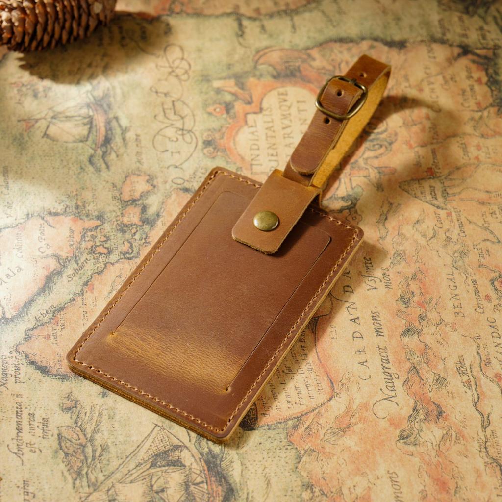 2025 Vintage Genuine Leather Luggage Tag Rectangle Travel Hang Tag Personalized Check-in Card Holder for Airplane/Business Trips