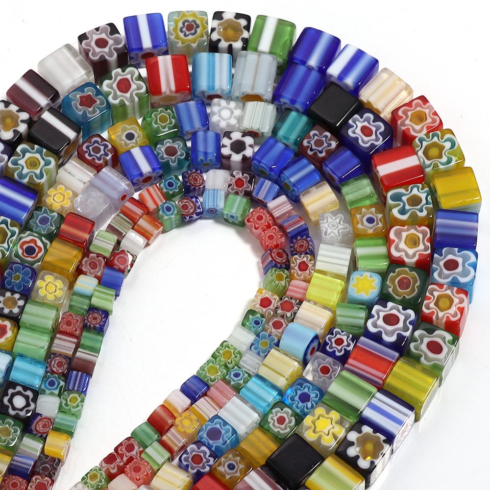 1 Strang Bunte Quadratische Blumen Lampwork Perlen 4-8mm Glas Lose Abstandshalter Perlen Für Schmuckherstellung Basteln DIY Armband Zubehör
