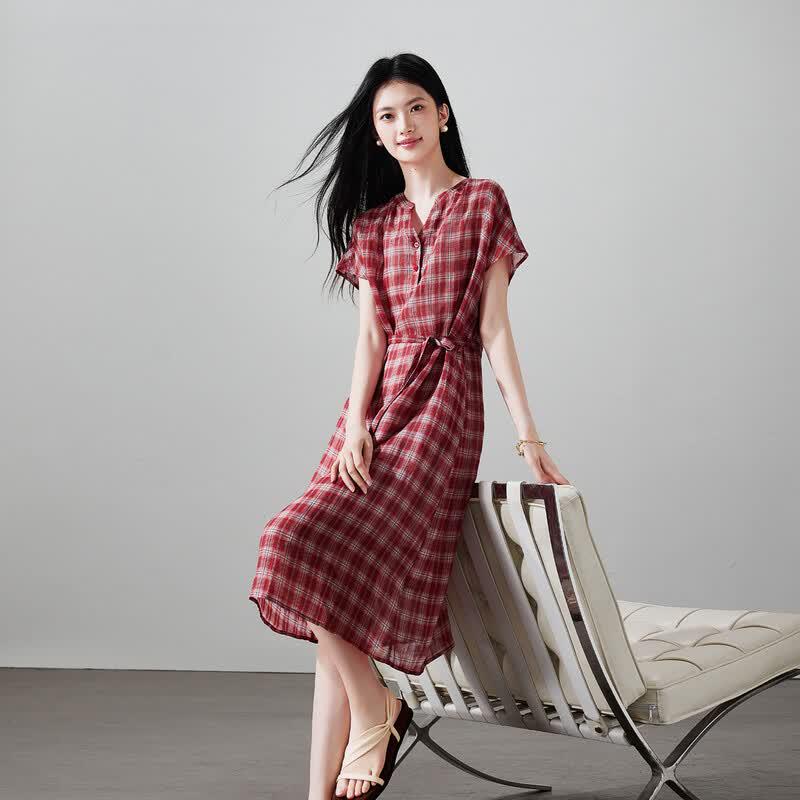 SOFSIL Women s Retro Plaid Ramie V-Neck Midi Dress XL