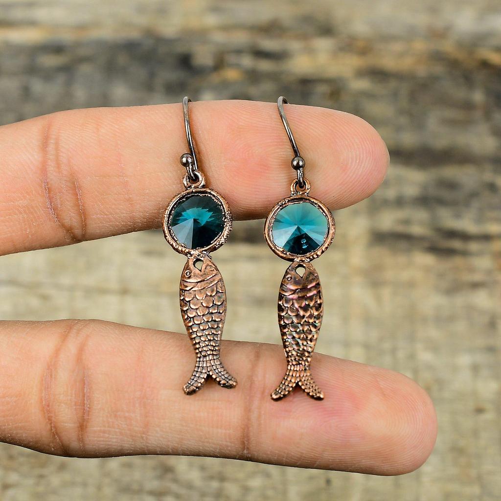 Indicolite Earring Electroformed Copper Earrings Electroformed Jewelry Gemstone Earring Handmade Copper Jewelry Fish Earrings Gift For Women