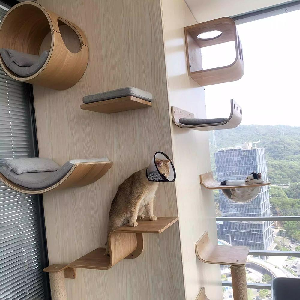 Wall Mounted Cat Climbing Shelves Hammock Scratcher Perches Solid Wood Steps Stairs Cat Furniture for Activity Indoor Cats