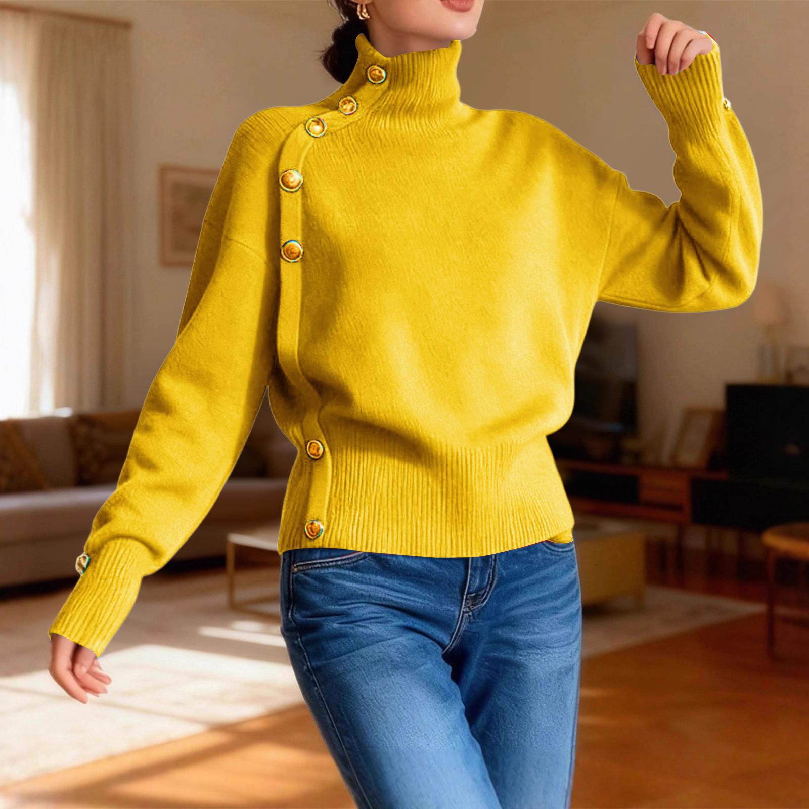 

Женский свободный удобный повседневный модный вязаный свитер на пуговицах с высоким воротником XS жёлтый