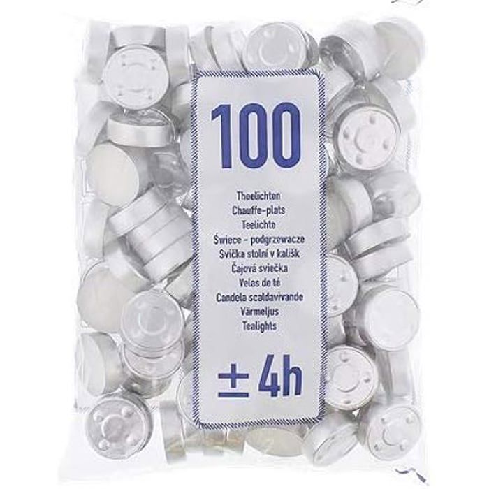 Set of 100 Tealight Candles - Burning Time : About 4 Hours Per Tea Light - White