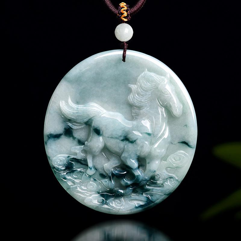 A-Grade Natural Myanmar Jade Pendant with Floating Flowers & Zodiac Horse Design – Waxy Jade Talisman for Men and Women Ancient Style Rope with Top Bead