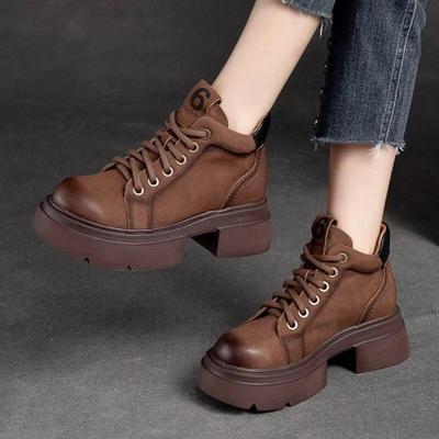 Cizme scurte cu șireturi retro din piele naturală cu vârf rotund, talpă groasă, ocazional, versatilă, pantofi de damă