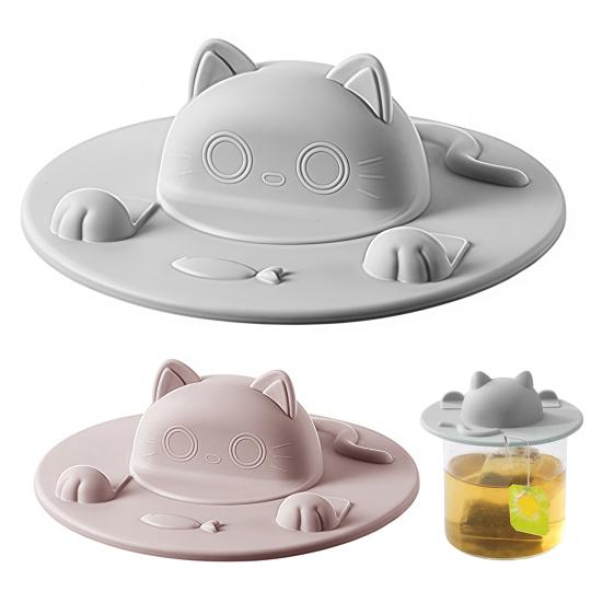 Silicone Cup Lid Cat Design Spill Proof Cup Cover with Tea Bag Slot Heat Resistant Non-Slip Microwave Safe Mug Cover for Coffee Tea Milk Cups