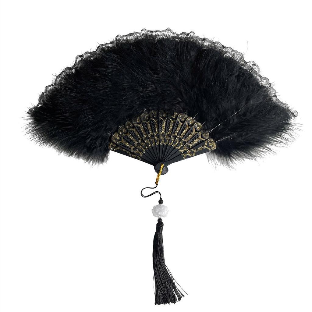 Chinese Style Vintage Retro Foldable Hand Fan Feathers Lace Folding Handheld Fan for Dance Wedding Decoration Party Favor Gifts