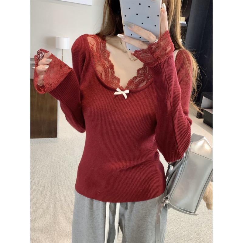 Lace v-neck bow knitted sweater women's autumn and winter slim fit inside stacked top pure desire wind sweet and spicy backing sweater