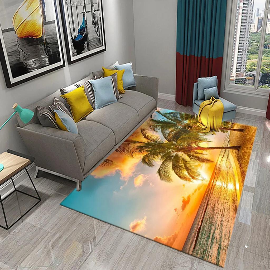 Coconut Tree Carpet Sunset Tropical Scenery Sea Beach Landscape Kitchen Bathroom Non-Slip Doormat Living Room Bedroom Decor Rugs