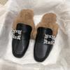 Fashion Aphixta Crystal Square Buckle Warm Winter Slipper Real Fur Women Mule Furry Shoes Square Toe 4.5cm Med Heel Black Modern Slides