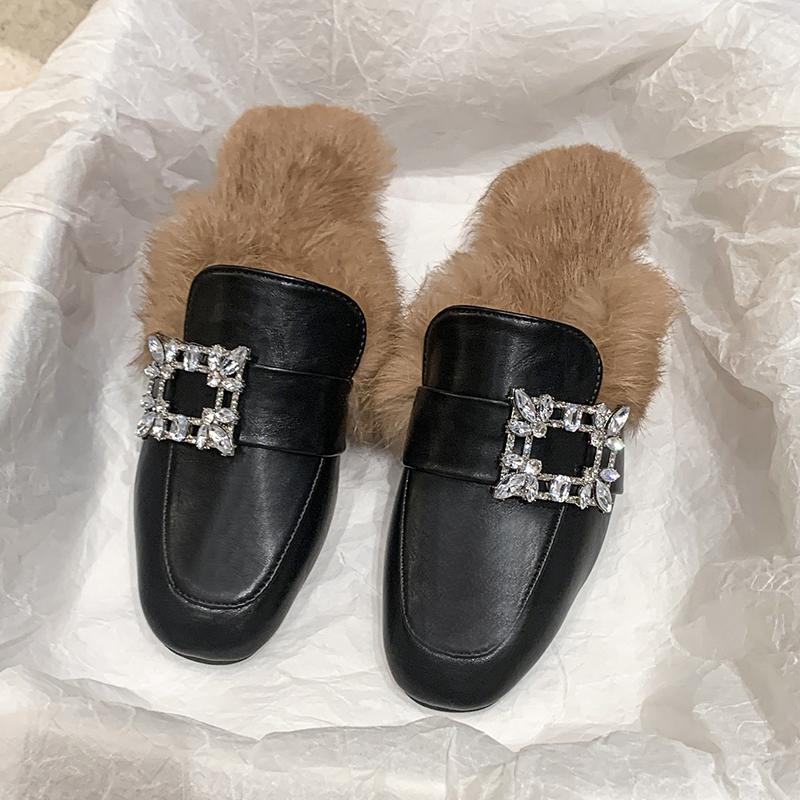 Fashion Aphixta Crystal Square Buckle Warm Winter Slipper Real Fur Women Mule Furry Shoes Square Toe 4.5cm Med Heel Black Modern Slides