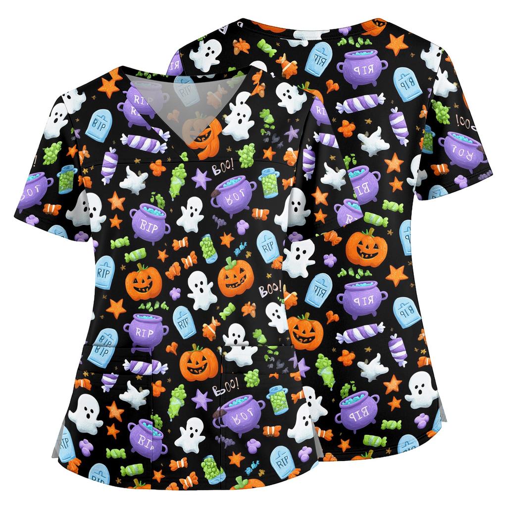 Women's Halloween Print V Neck Medical Scrub Top with Pockets Side Slit Short Sleeve Nurse Uniform Shirt for Healthcare Professionals