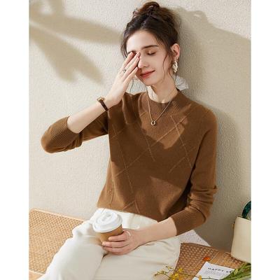 TUHUANG Women's Pure Wool Argyle Rhinestone Turtleneck Sweater