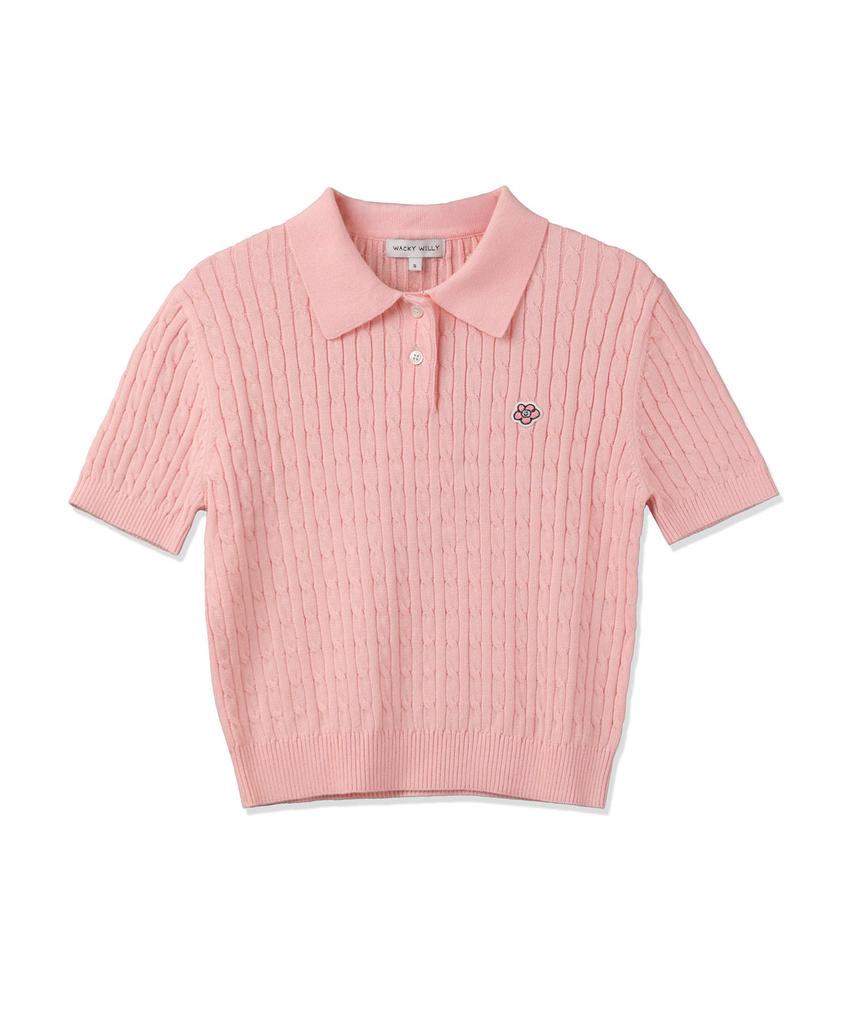 WACKY WILLY Women'S Lily Wappen Cable Collar Short Sleeve Knit Pink