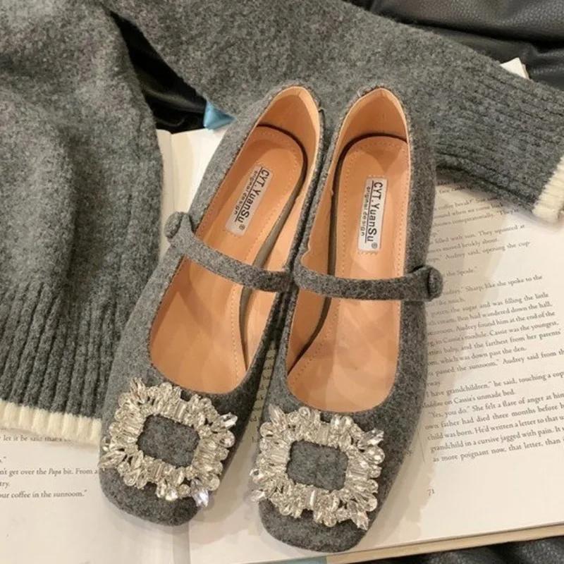 Fashion Women's Fashion Low Heel Shoes Spring New Square Head Shallow Mouth Suede Diamond Buckle Non-slip Low Top Shoes