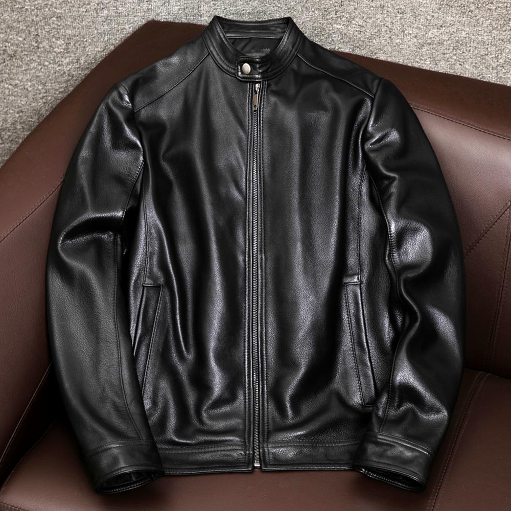 

Новая мужская куртка из натуральной кожи, приталенная, короткое пальто, желтая телячья кожа, воротник-стойка, повседневная верхняя одежда 4XL чёрный