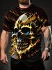 Golden Flame Skull 3D Print Men'S Round Neck T-Shirt - Stylish Casual Summer Top for Outdoor Activities, Fitness And Running, Comfortable Everyday