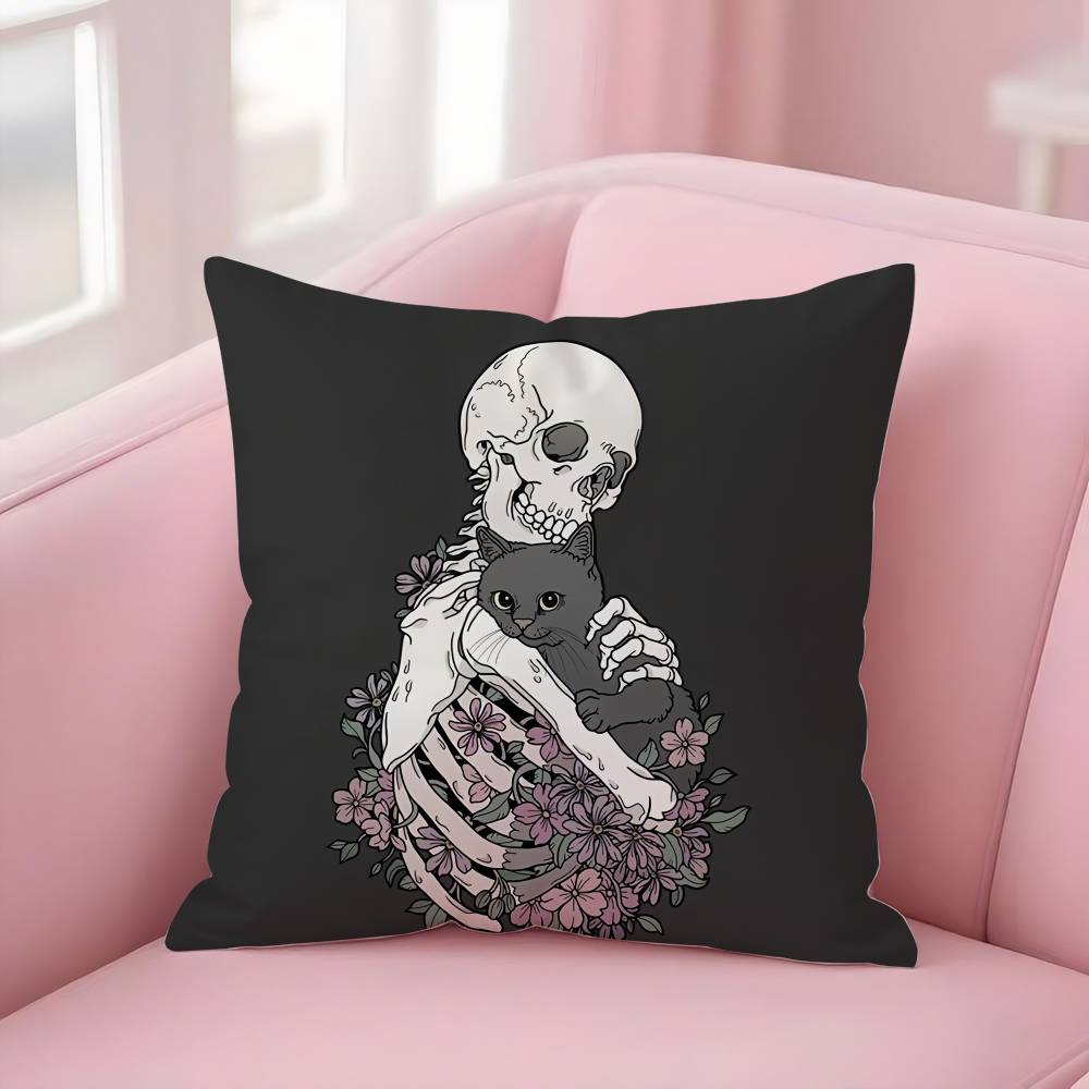 Creepy Skeleton Cat Halloween Pillow Case Short Plush Double-Sided Print Square Throw Pillow Covers Sofa Home Cushion Decor