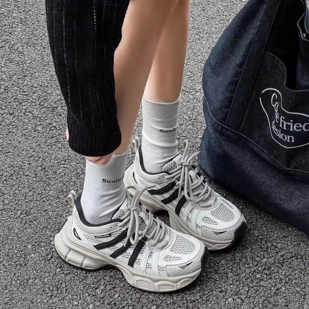 Popular 2025 Spring Thick-soled Heightening Dad Shoes Women's Single Color Matching Lace-up Versatile Sports and Leisure Shoes Tide