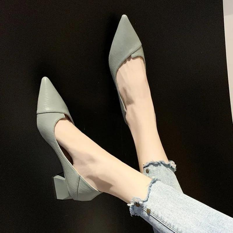 Fashion Pointed Toe Chunky Heels Women's Shoes Leather Casual Block Heel Ladies Pumps with Medium on Promotion Fashion Genuine Mark Y2k