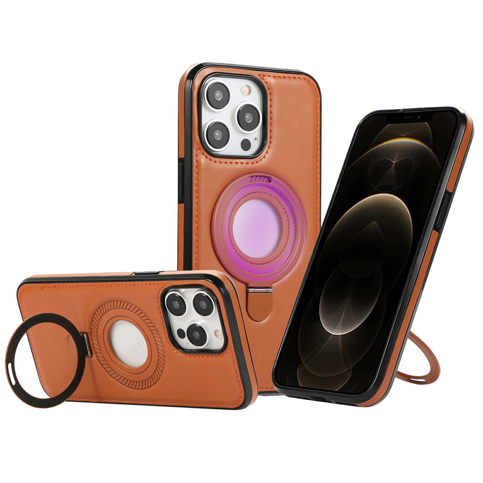 

For iPhone 12 Pro Max Case Magnetic Kickstand PU Leather Coated PC+TPU Phone Cover Brown