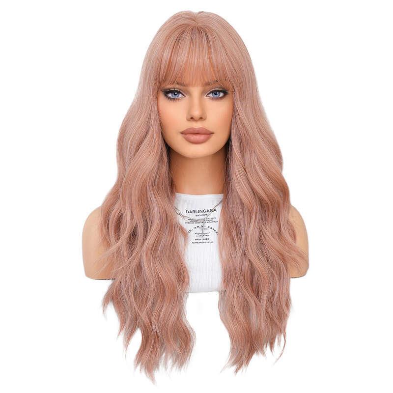 Pink Brown Long Curled Hair Wig Women's Bang Big Wave Natural Full