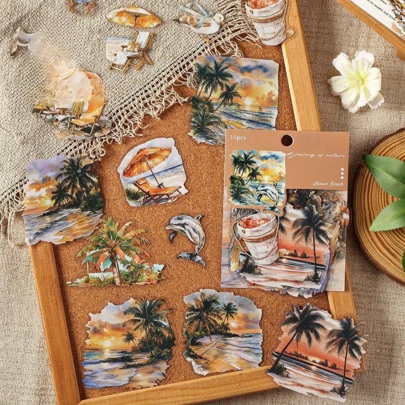 15pcs/bag Nature Journey Series Vintage Forest Tree Beach Landscape Material Collage PET Sticker Creative DIY Journal Stationery