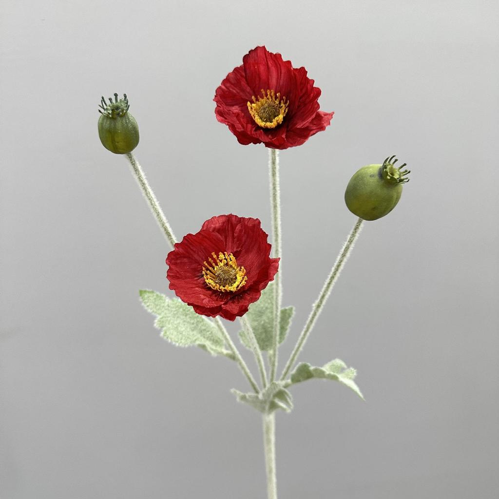 Flocked Poppy Silk Flower - 4-Head Single Stem for Wedding & Home Décor Vase