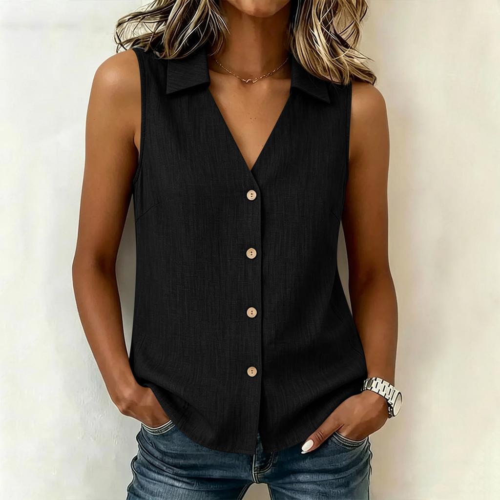 Women's Summer Sleeveless Button Front Shirt V Neck Collar Casual Loose Fit Lightweight Blouse for Everyday Wear