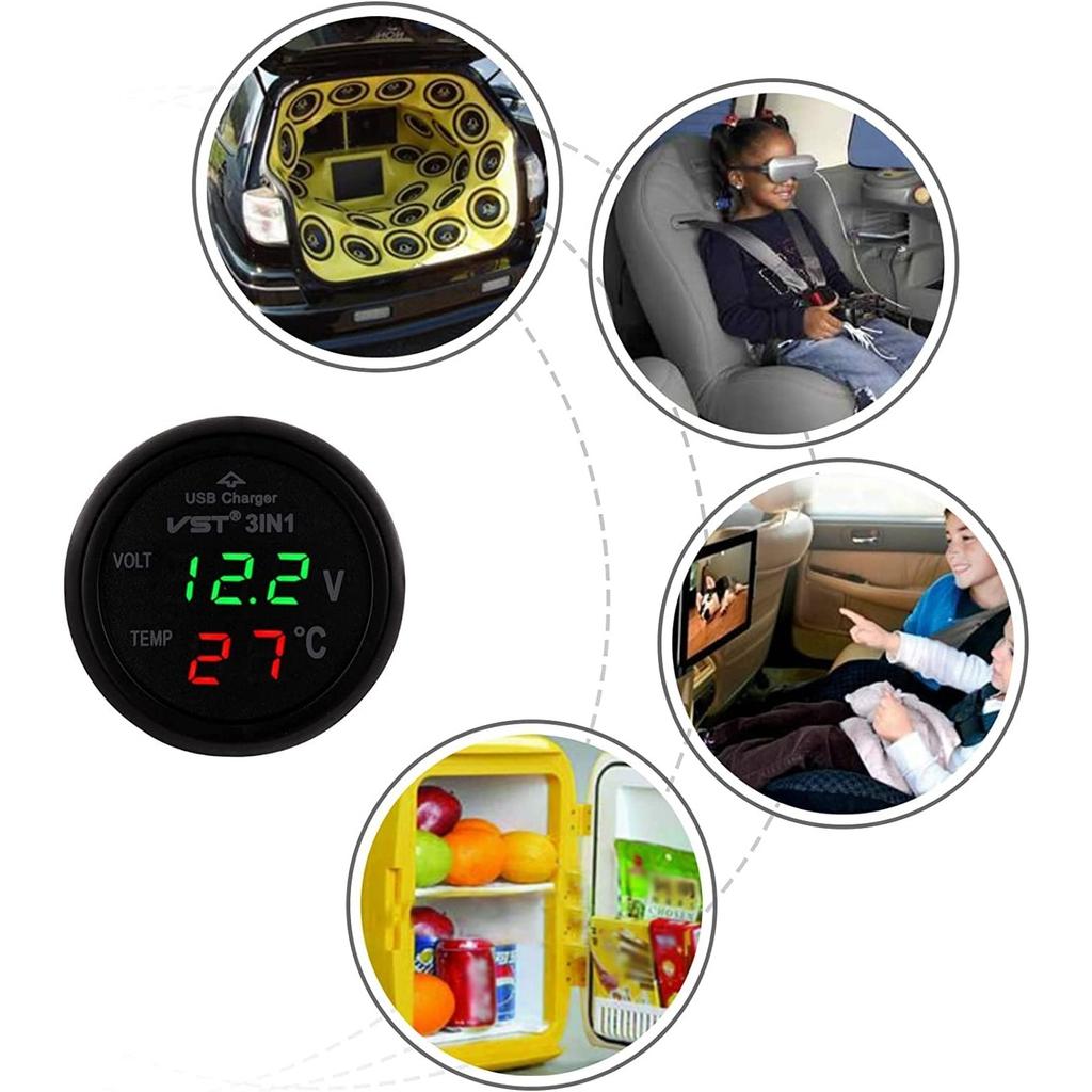 Car Cigarette Lighter Socket Car Voltmeter 3-in-1 12-24V Voltmeter Thermometer USB Car Charger for Car Truck