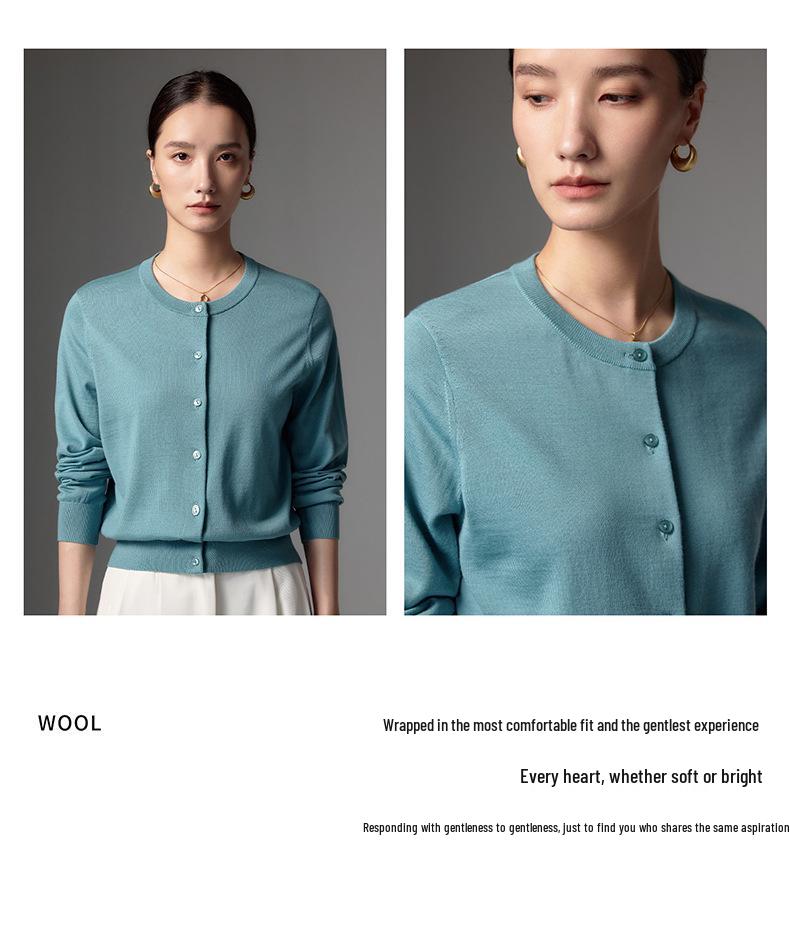 Merino Fine Spun Wool Women's Cardigan: 2026 Spring-Autumn Round Neck, Single-Breasted, Elegant Knit Sweater