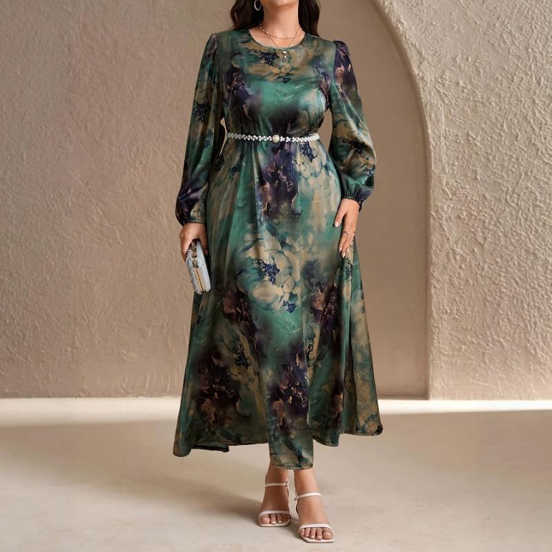 Women S Long Sleeve Round Neck Midi Dress Gradient Print Plus Size Elegant
