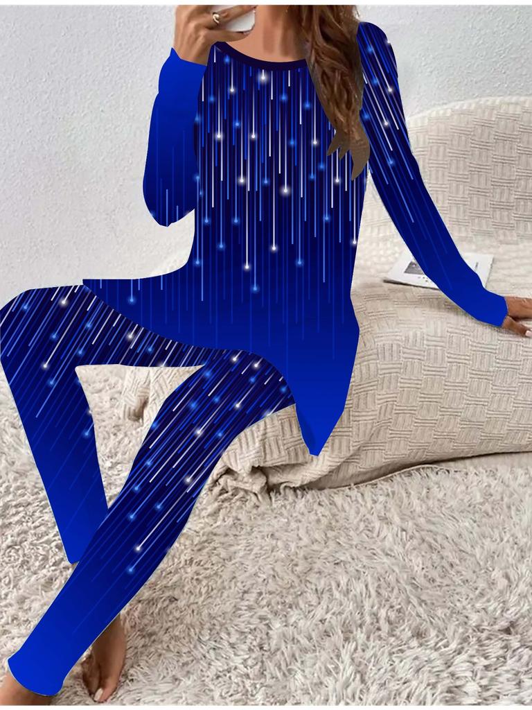 Euro-amerikanische Mode 3D Meteor-Druck Damen Vier-Jahreszeiten Langarm-T-Shirt + Lange Hose Zweiteiliges Set. Perfektes Geschenk für Neujahr & Weihnachten