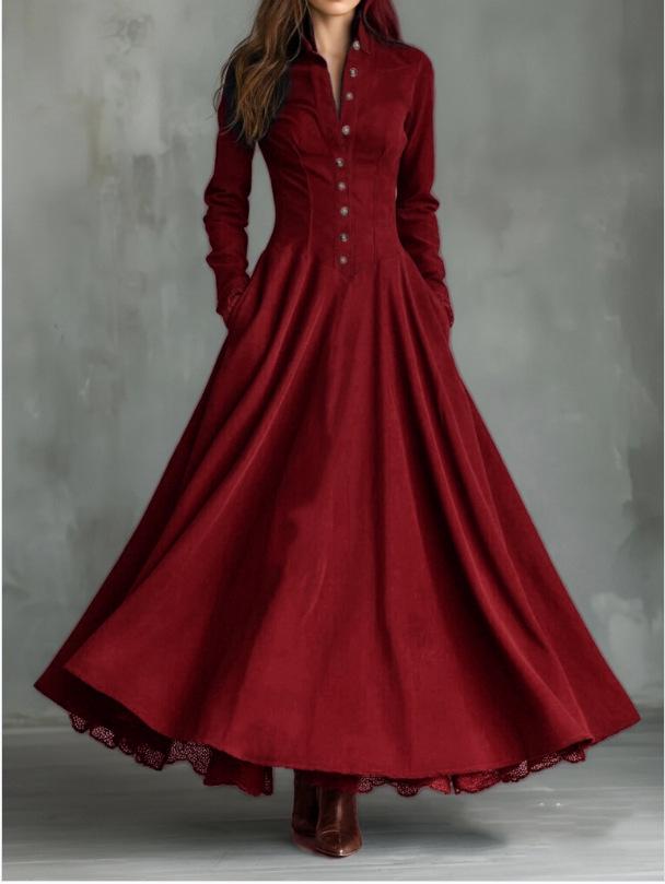 2025 Französisches Retro-Spitzenbesatz Wildleder Patchwork Langes Kleid